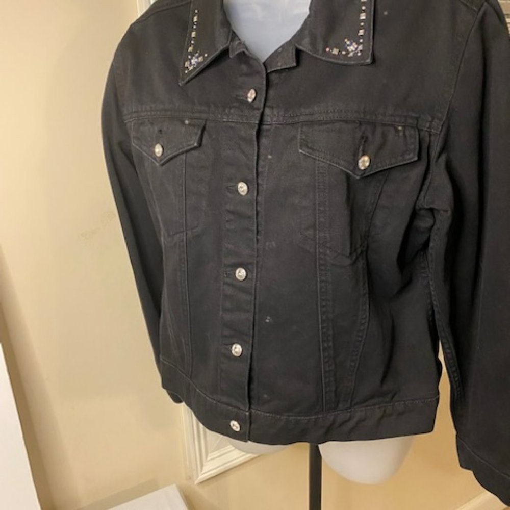 Christine Alexander Swarovski Crystals Motorcycle Jacket Black Denim, size M